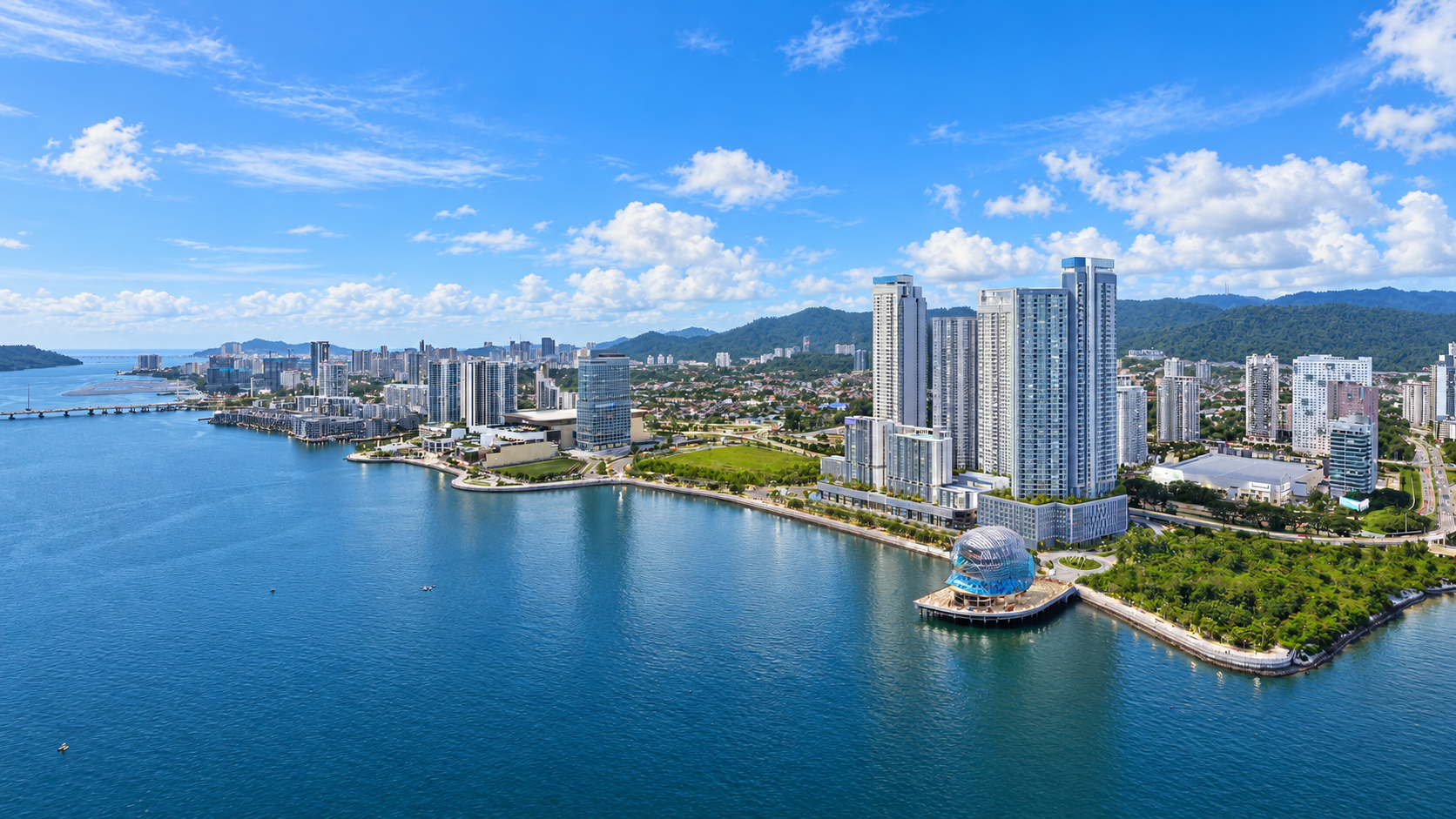 Blue-sky daytime view across the Penang waterfront